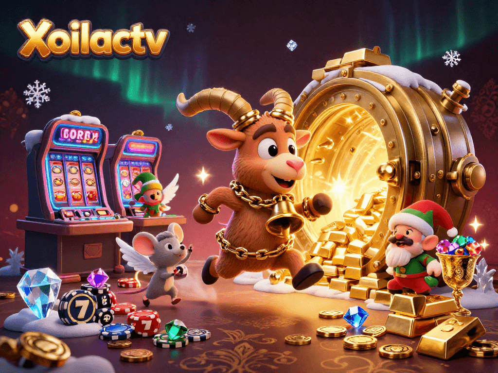 Xoilactv showcases a festive horror casino scene with Krampus goat, angel mouse, and gremlins stealing chips.