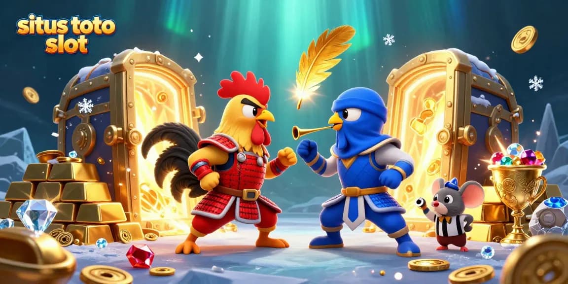 Experience the thrill of situs toto slot with dramatic 3D roosters in a casino showdown.