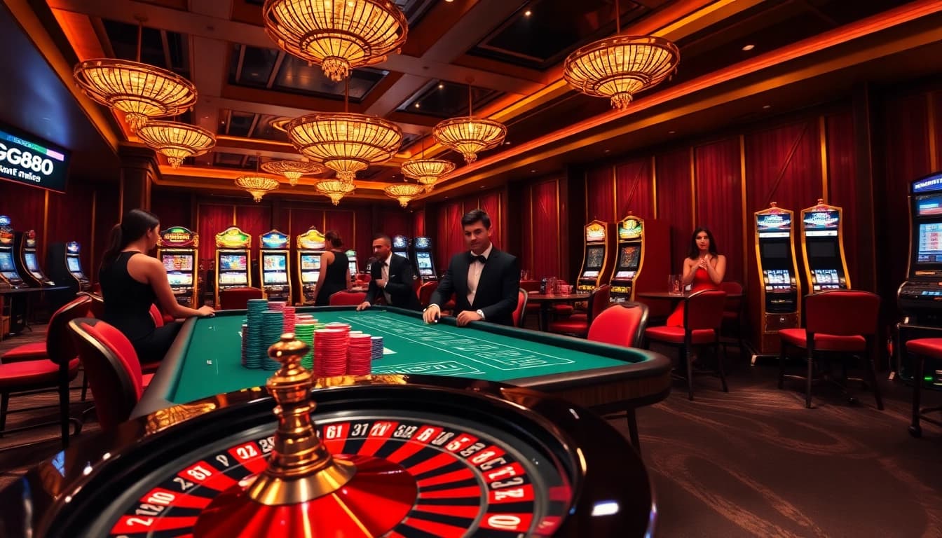 Players engaging in high-stakes poker at GG88 casino, showcasing luxury and excitement.