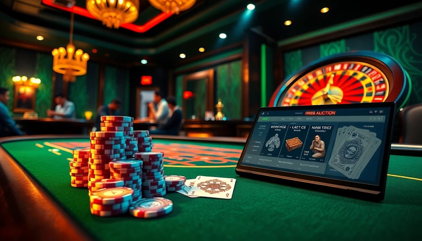 Engaging RR88 Auction scene with casino tables and vibrant gaming elements.