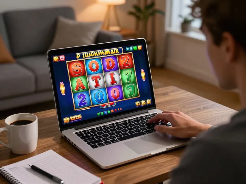 Excited gamer spinning slots on laptop at home, showcasing colorful game interface and strategy notes.