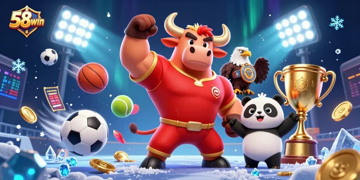 Win big with 58win as the bull, eagle, and panda celebrate a victorious casino moment.