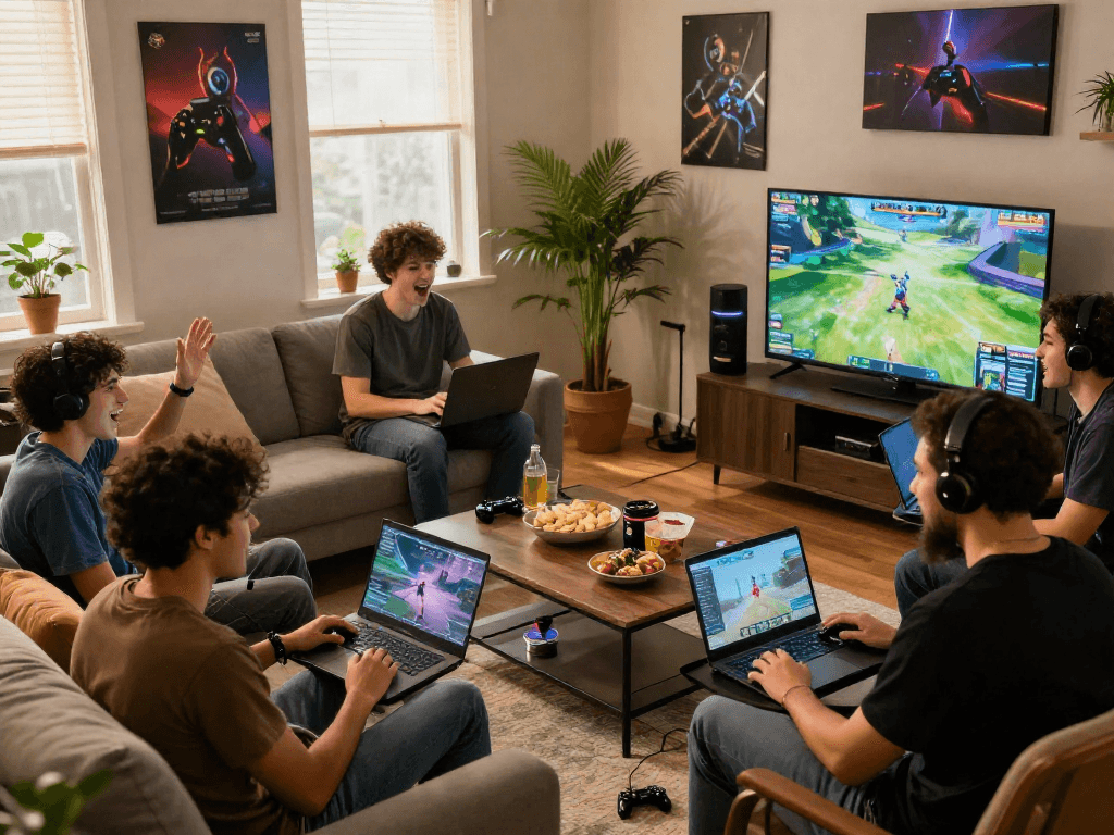 Friends enjoying multiplayer gaming experience with Mpo Cash in cozy living room