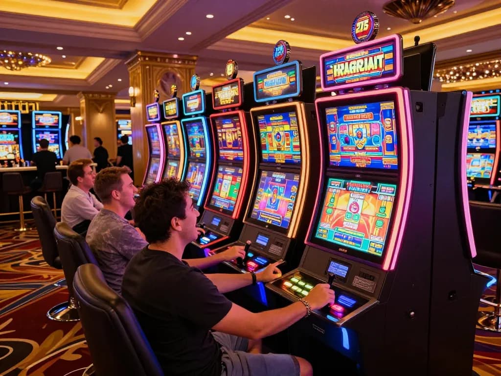 Situs slot scene showcasing players engaging with vibrant slot machines in a lively casino atmosphere.