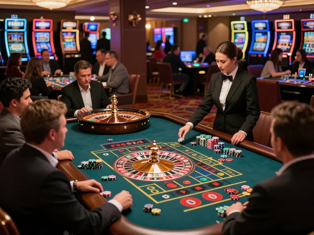 Players enjoying roulette at F8BET casino with vibrant chips and elegant croupier overseeing the game.