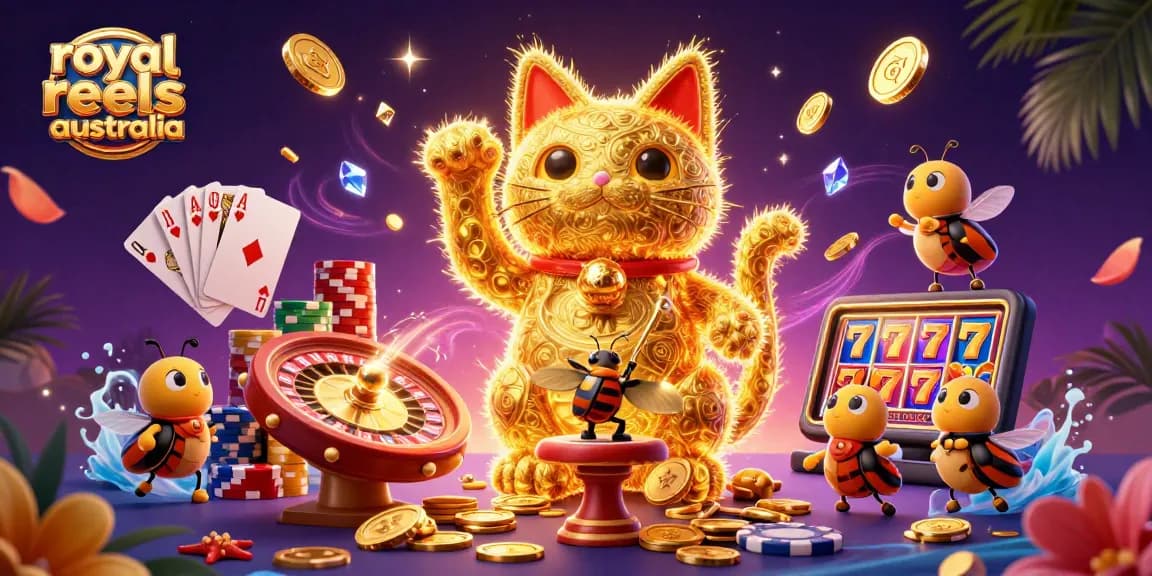 Experience the excitement at Royal Reels Casino Australia with a stunning 3D illustration showcasing vibrant casino elements.
