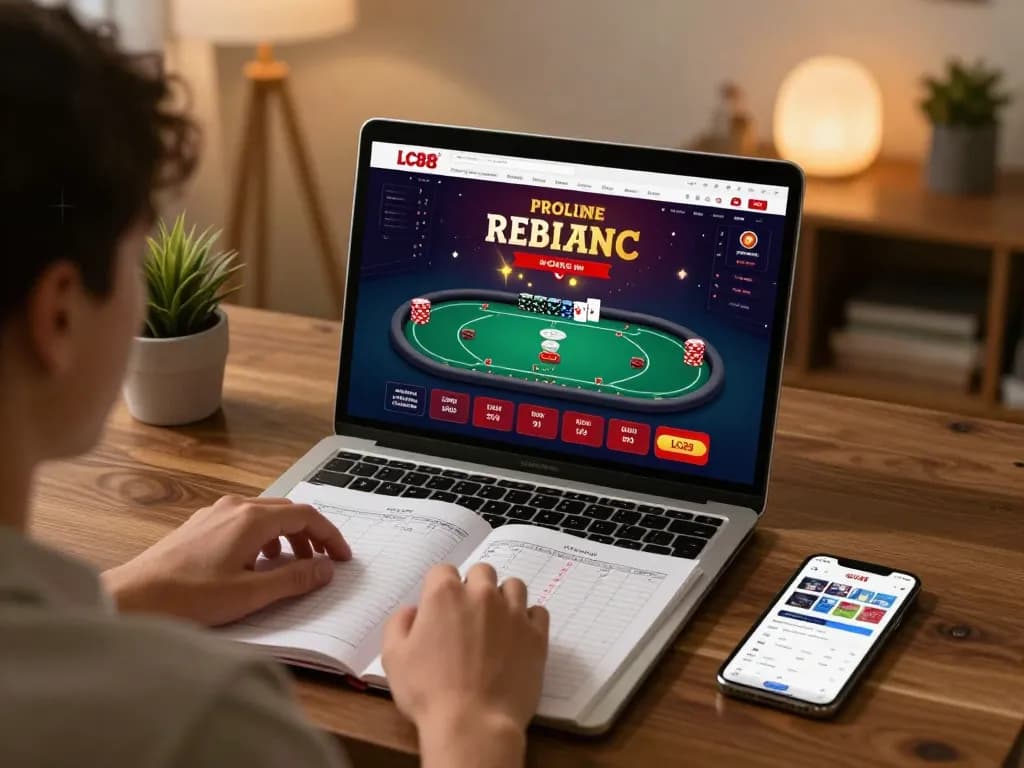 Player engaging in online poker gaming on LC88 platform with strategy notes nearby