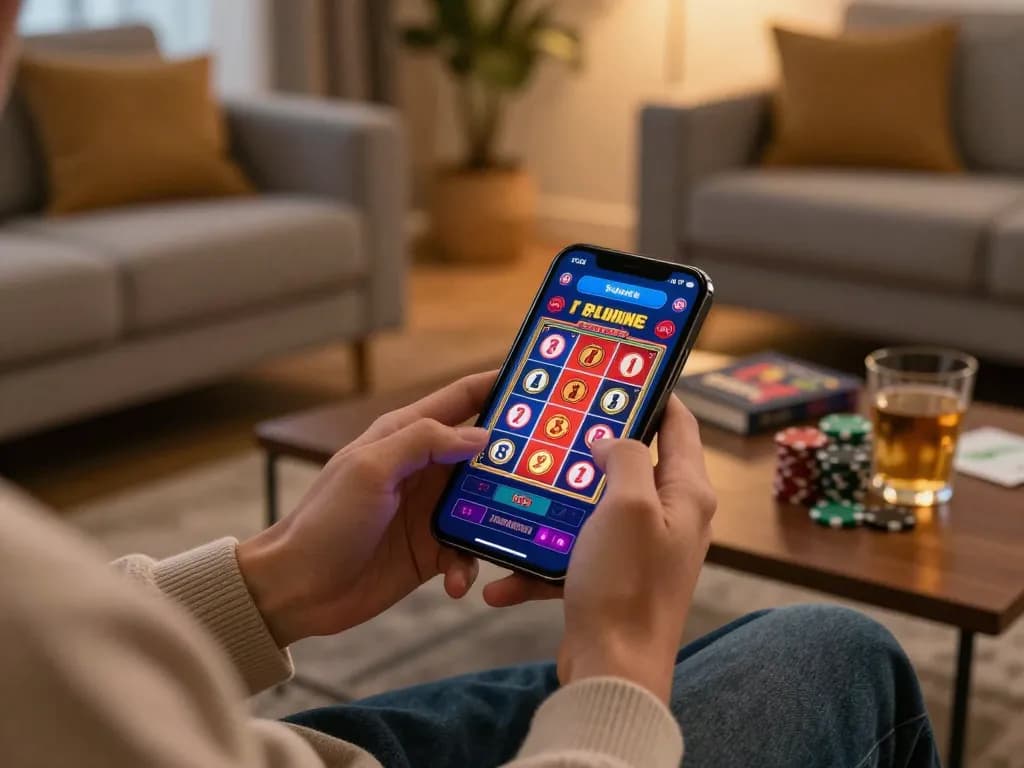 Bbet player enjoying action-packed slot game on mobile device in stylish living room