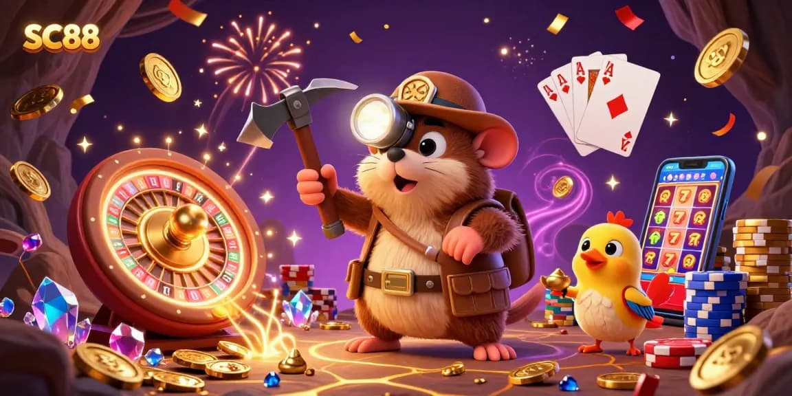 Experience the thrill of SC88 with a lively scene featuring a treasure mole and canary in a rich casino setting.