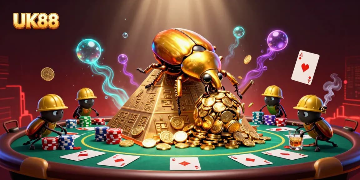 UK88 shows a golden beetle rolling coins while surrounded by poker elements, illustrating casino excitement.