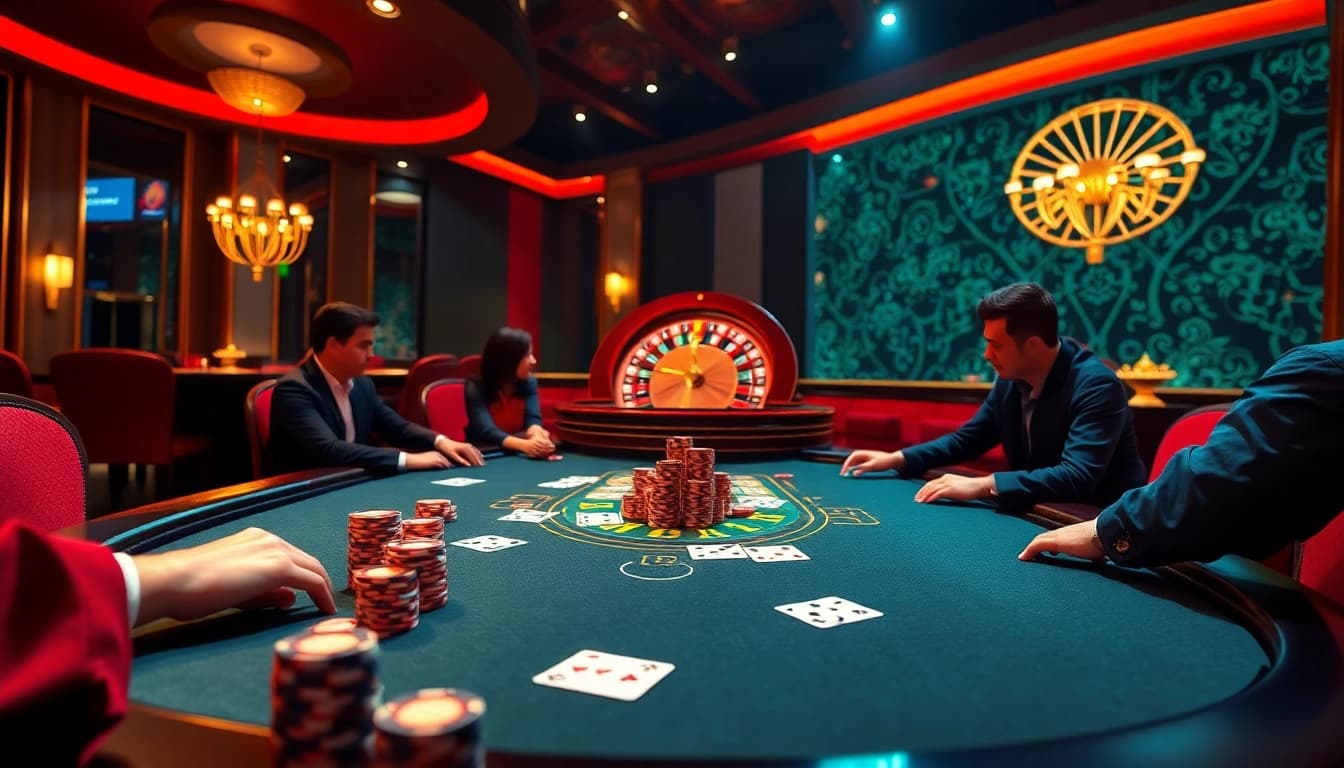 Sao789 poker table scene showcasing players engaged in high-stakes action with vibrant casino elements.