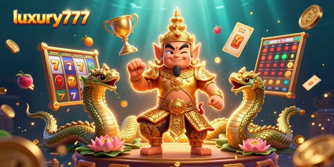 Visualisasi kedalaman bermain luxury777 dengan karakter penjaga kuil, simbol slot, dan efek emas yang berkilau.