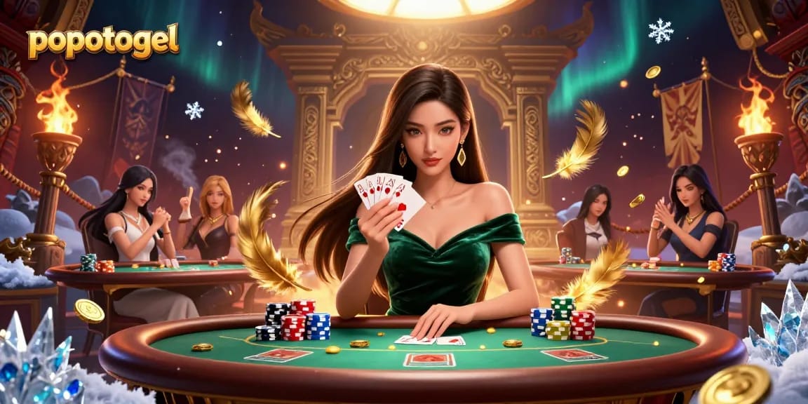 Experience the thrill of popotogel as you play at a luxurious poker table, surrounded by dynamic casino elements.