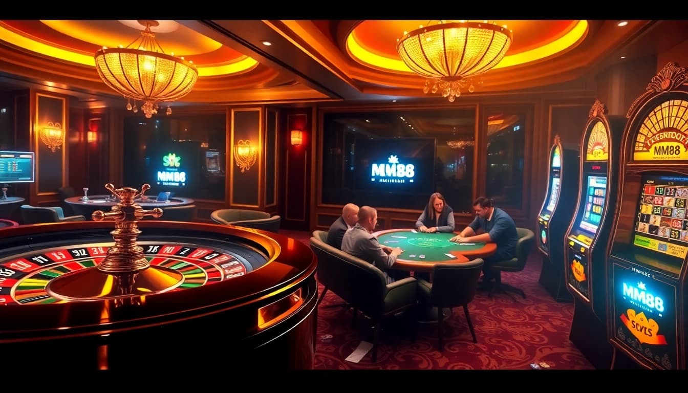 Experience the thrill of gaming with MM88 at a vibrant casino table surrounded by excitement.