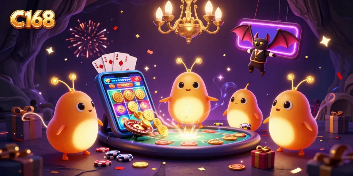 Engage in thrilling games at C168, illuminated by glowworms in a vibrant cave casino.