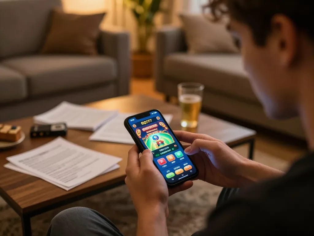 Engage with SG777 online as a player strategizes on a mobile device in a cozy setting