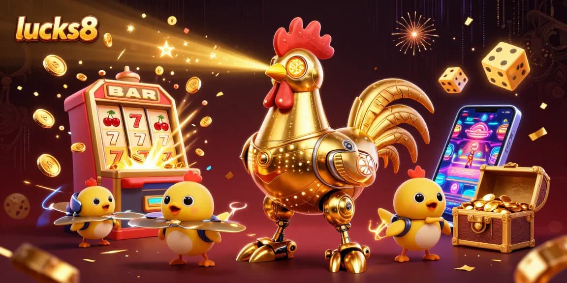 Win big at lucks8 with an exciting 3D illustration of a golden rooster robot and baby chick drones amidst a jackpot explosion