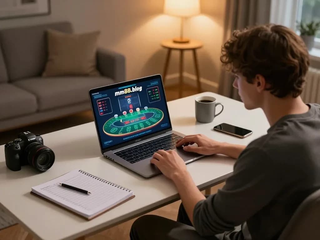 Player strategizing blackjack on mm88.blog in a cozy home setting.