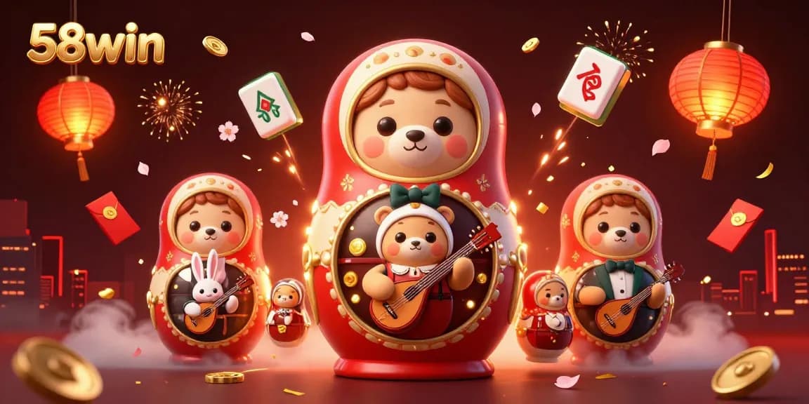 Engage with 58win's vibrant casino-themed 3D illustration featuring cartoon characters and games.