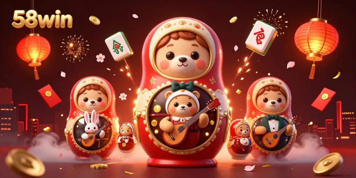 Engage with 58win's vibrant casino-themed 3D illustration featuring cartoon characters and games.