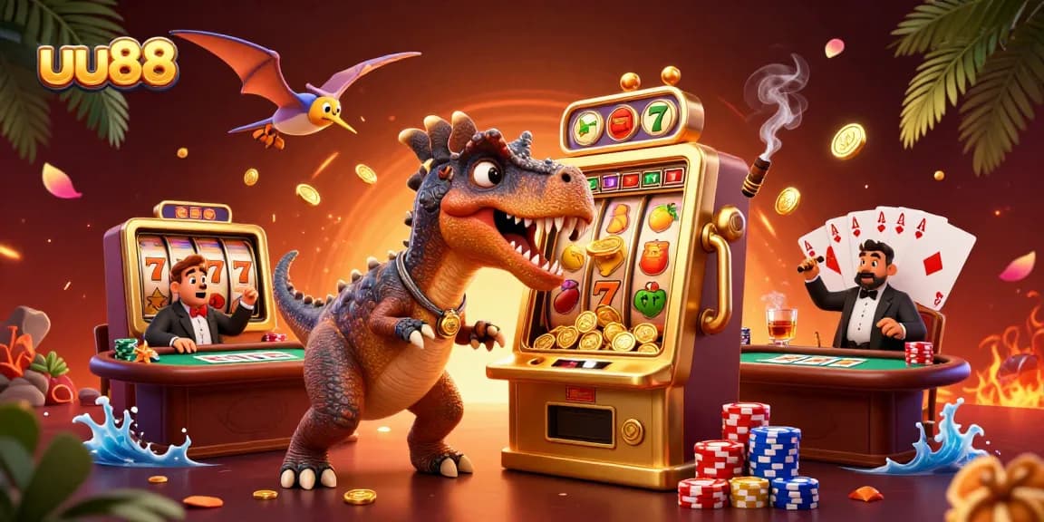 uu88 brings thrilling winnings as a pachycephalosaurus hits a slot machine, filling the air with golden coins.
