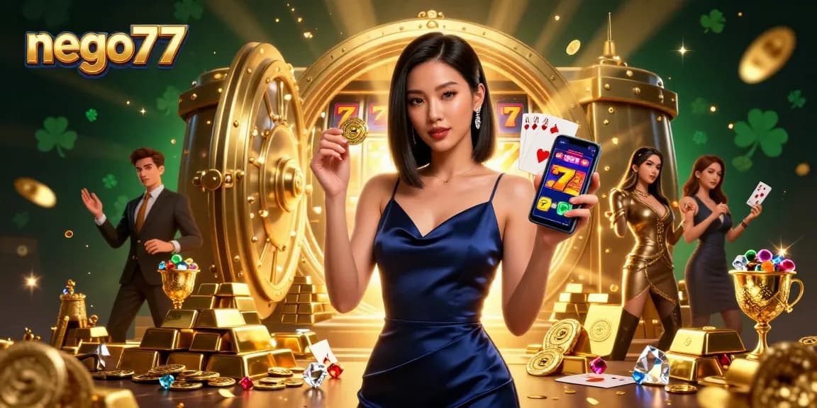 Nego77 offers thrilling slot gameplay with a stunning Asian woman showcasing casino excitement.
