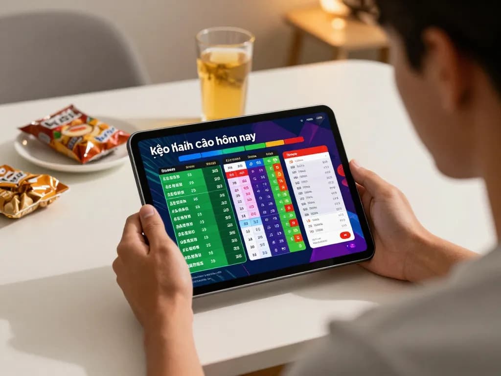 Betting on kèo nhà cái hôm nay, vibrant tablet interface with live odds showcased in a cozy environment