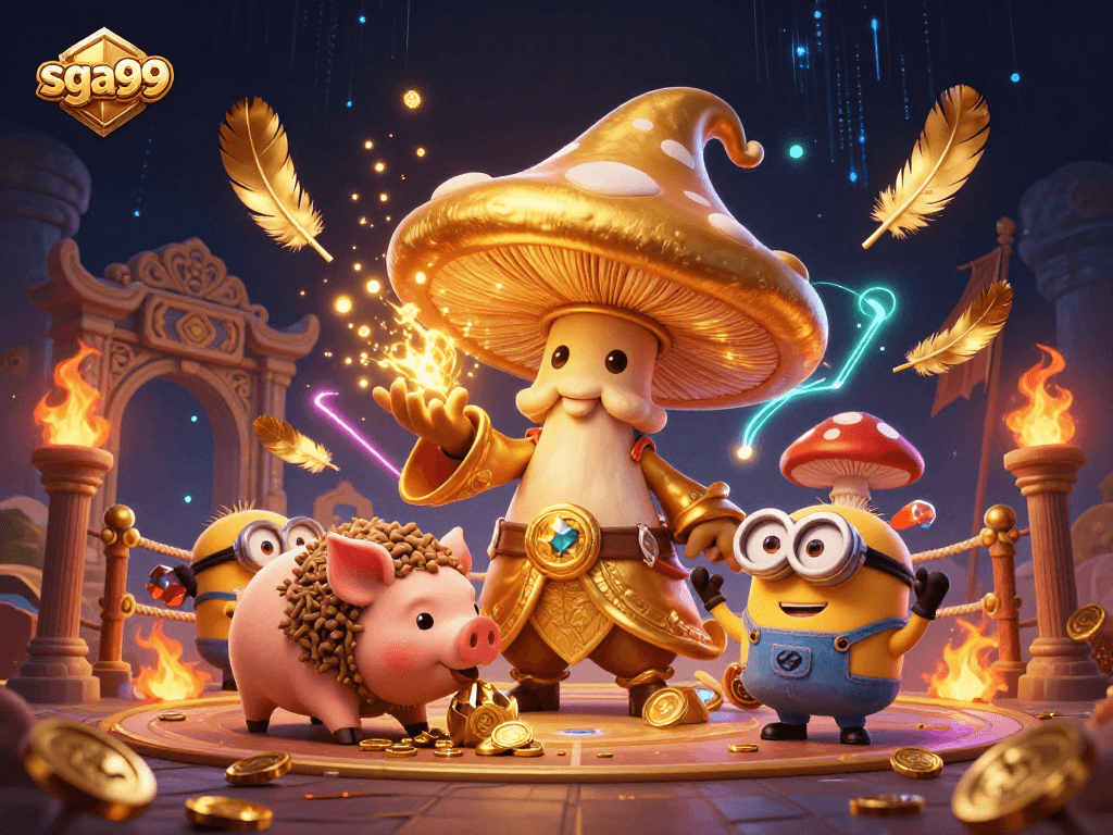 Sga99 showcases a mystical world with a golden mushroom wizard and treasure-hunting pig, capturing the excitement of online gambling.