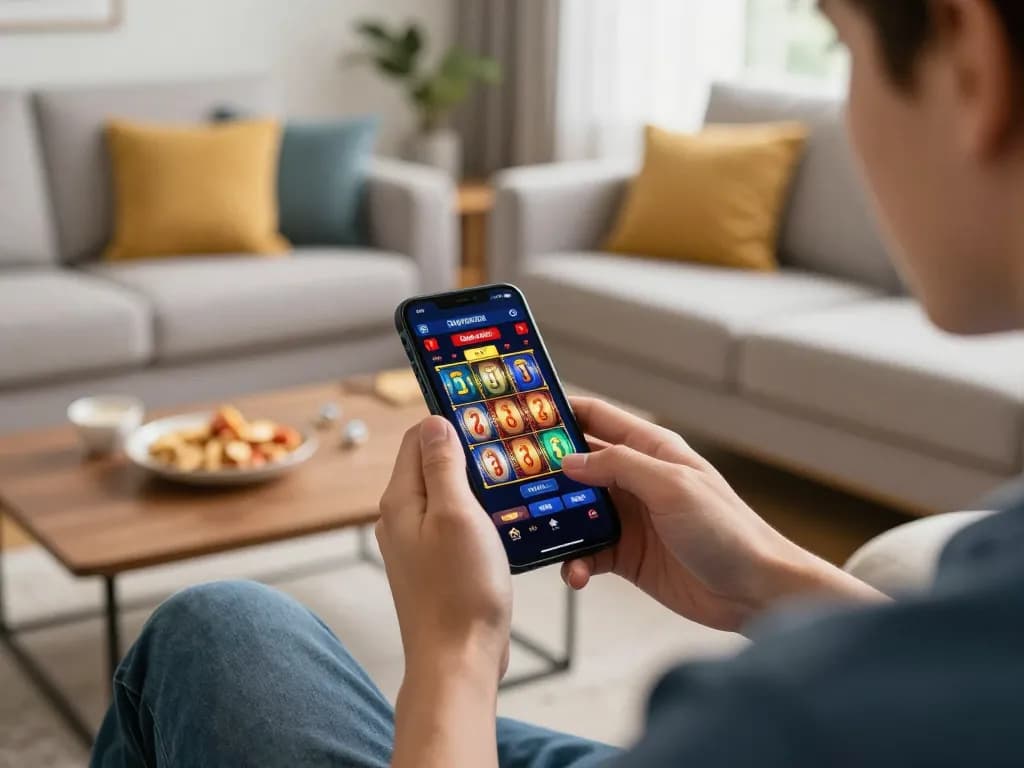 Player enjoying tg88 mobile gaming experience on smartphone in cozy living room.