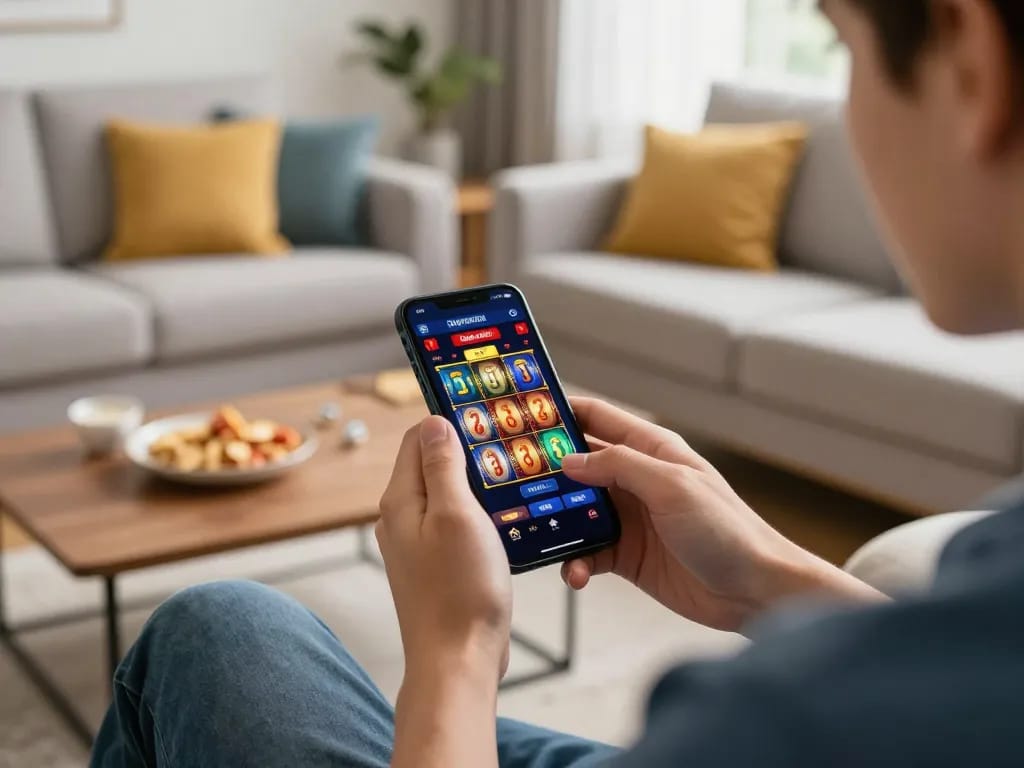 Player enjoying tg88 mobile gaming experience on smartphone in cozy living room.