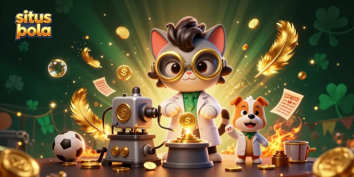 Situs judi bola: Thrilling scene with a mad scientist cat and dog in a lab amid sports-themed betting elements.