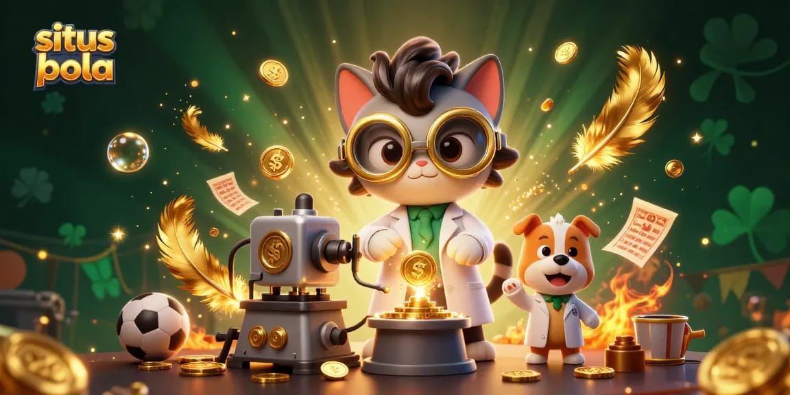 Situs judi bola: Thrilling scene with a mad scientist cat and dog in a lab amid sports-themed betting elements.