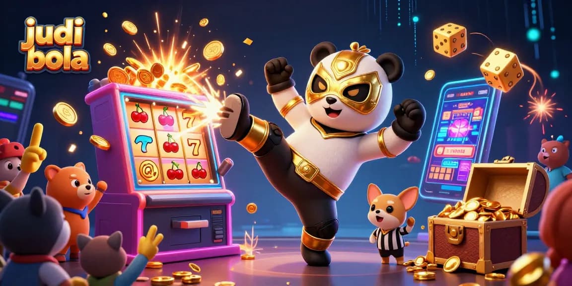 Experience judi bola excitement with vibrant 3D action featuring a wrestling panda and casino elements.