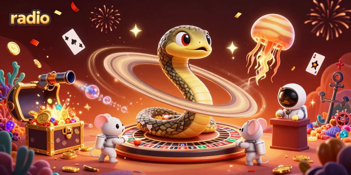 Experience thrilling radio gaming with a cosmic roulette twist featuring cartoon snake and betting mice.