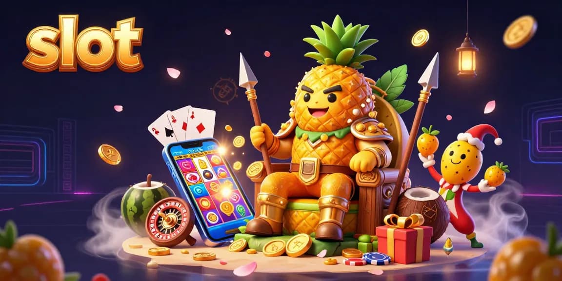 Spin colorful slot games with our fun pineapple king and casino elements in a vibrant scene.