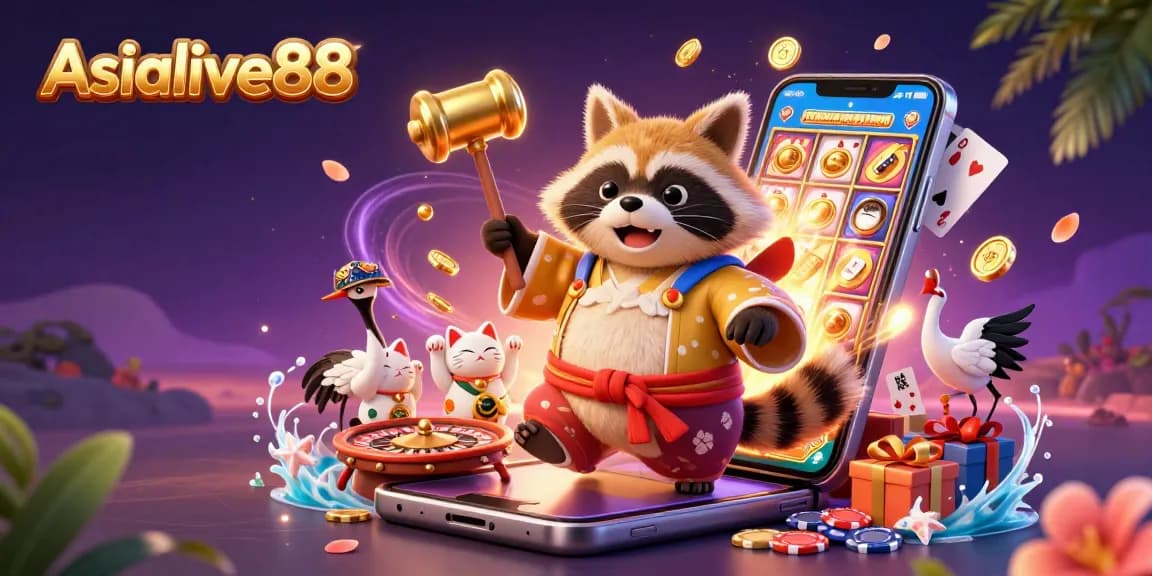 Experience thrilling gameplay with Asialive88, featuring a cheerful tanuki surrounded by vibrant casino elements and luck-bringing symbols.
