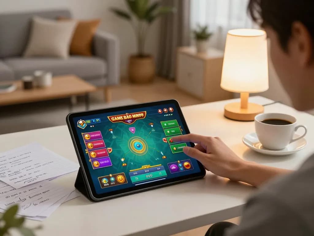 Engaging in GAME BÀI MM99 gameplay on a tablet in a cozy, stylish home.