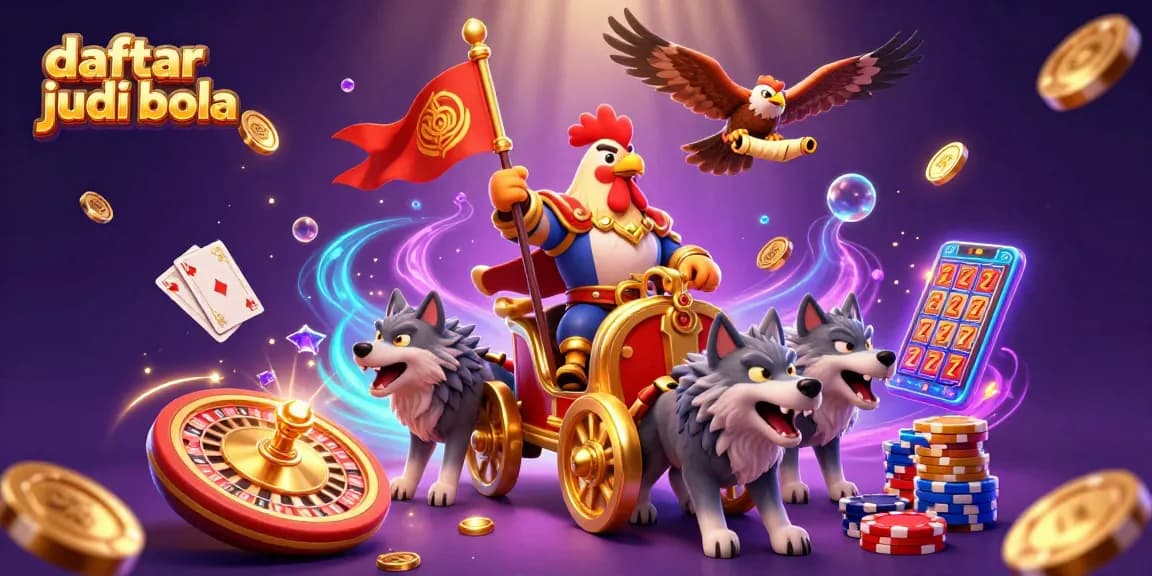 Experience daftar judi bola with a dynamic scene featuring a rooster warlord, golden coins, and 3D gaming elements.