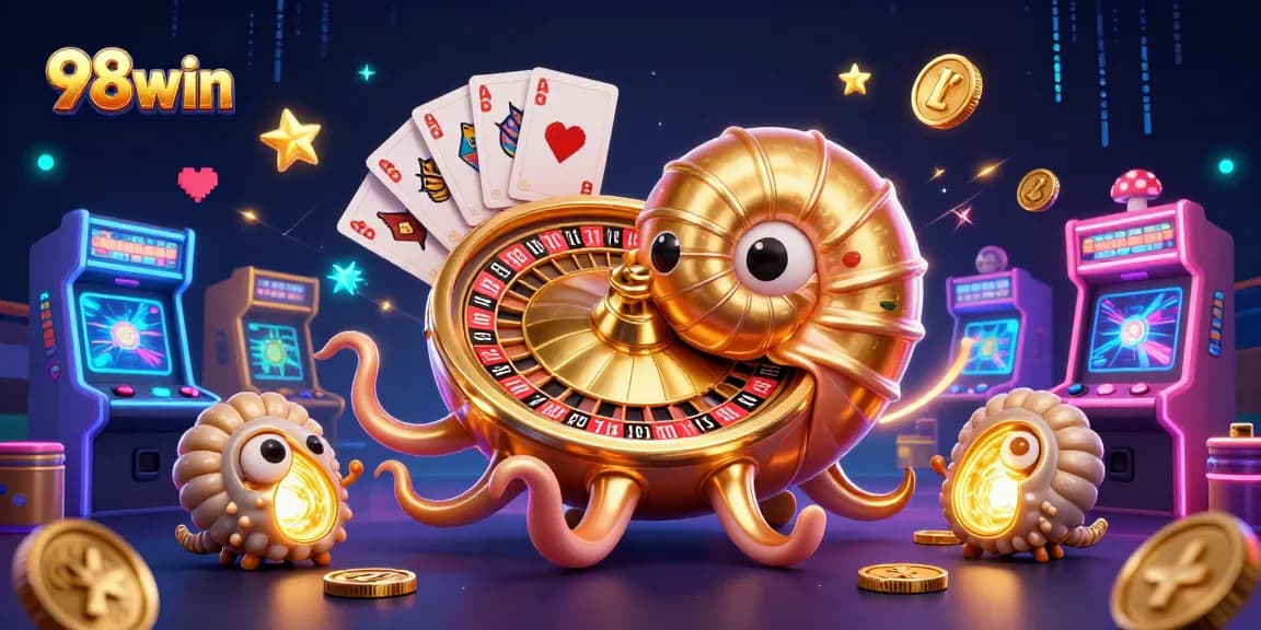Engage in thrilling gaming action with 98win's vibrant casino-themed illustration featuring a unique nautilus and game elements.