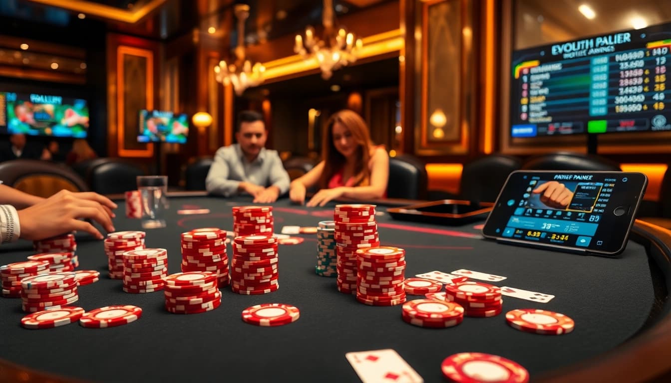 Play Evolution Poker มือถือ at an elegant casino table with chips and cards, showcasing thrilling gameplay.