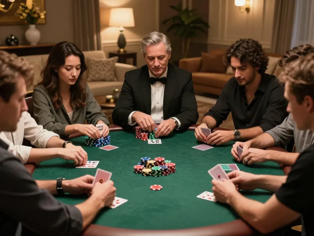 I9BET players engaged in an exciting poker game at a private table, showcasing chips and cards