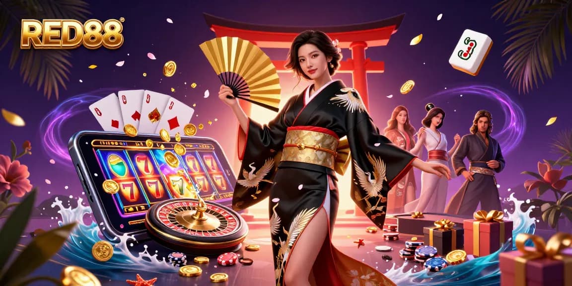 Play and win big with RED88 at a vibrant Asian-themed casino illustration full of dynamic gaming elements.