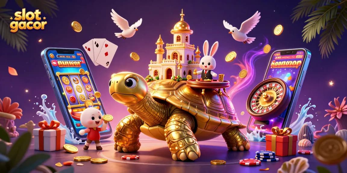 Engage with slot gacor thrills at a vibrant casino with a golden tortoise and a rabbit dealer.