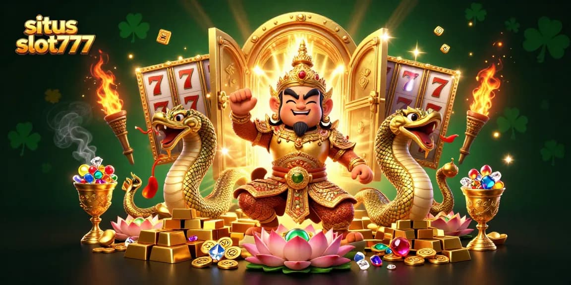 Situs slot777 showcases a vibrant scene with masked guardian and treasures while players chase jackpots.