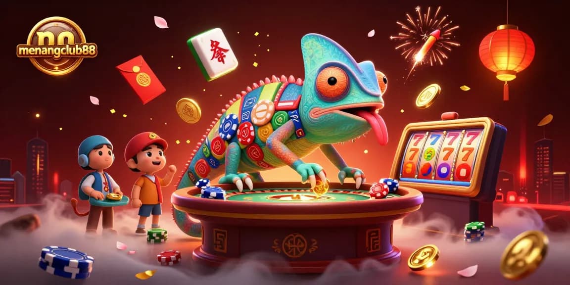 Experience the vibrant world of menangclub88 with colorful chameleons and festive casino elements.