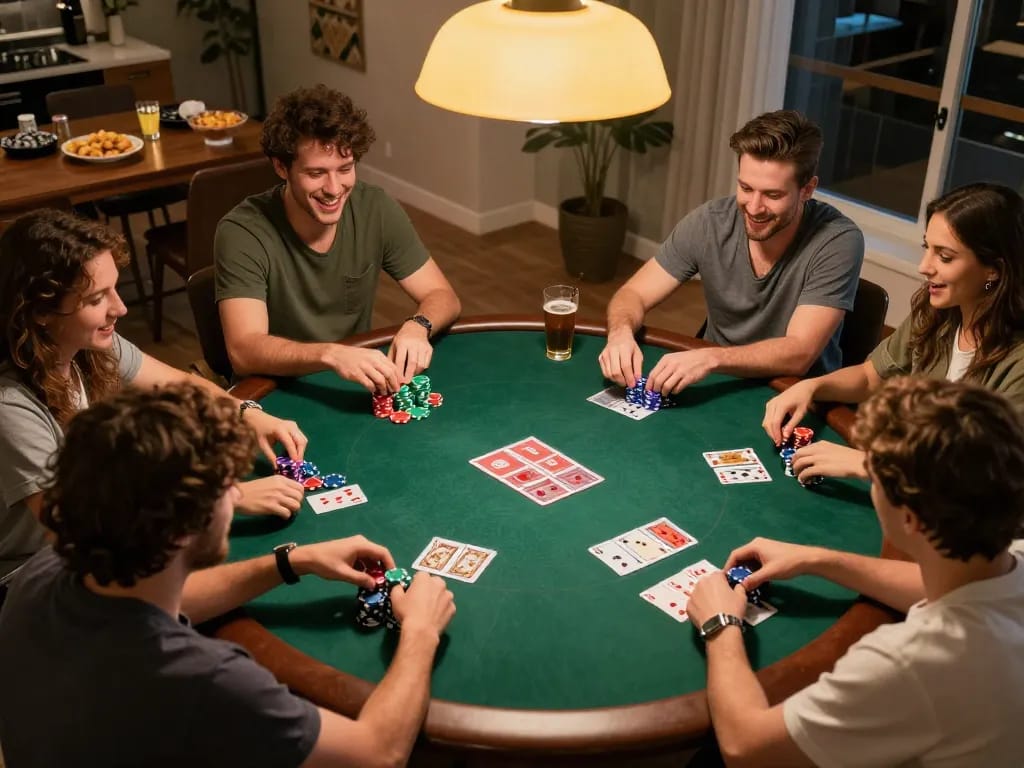 GO88 players enjoying an intense poker night, showcasing action and strategy in a friendly game atmosphere.