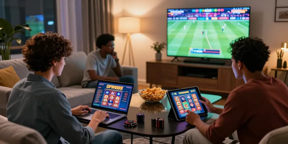 Group enjoying online gaming on OPEN888 platform in a cozy living room atmosphere with vibrant decor and snacks.