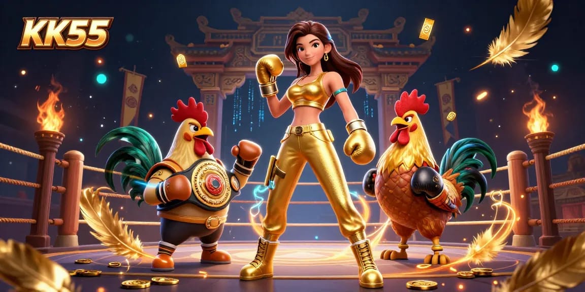 Place bets and win big with KK55 in a vibrant cockfighting arena illuminated by energy and gold.