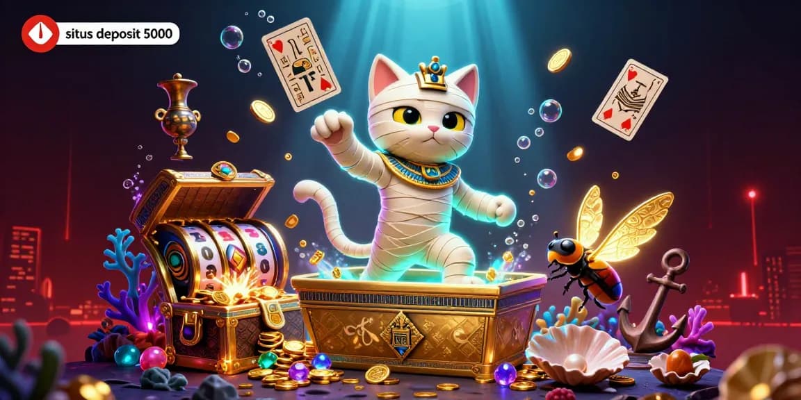 Experience thrilling slots action with situs deposit 5000 at the vibrant pyramid casino featuring a mummy cat and treasure.