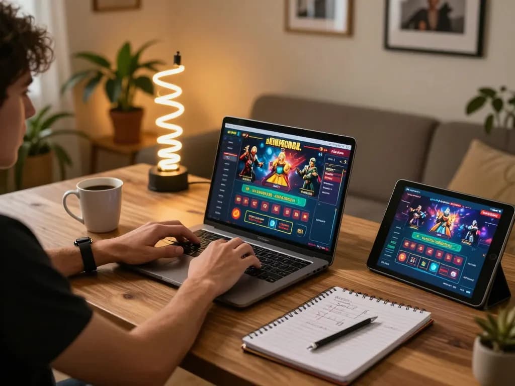 Engaging moment of online gaming at ok365 with laptop displaying casino games in a cozy home environment.